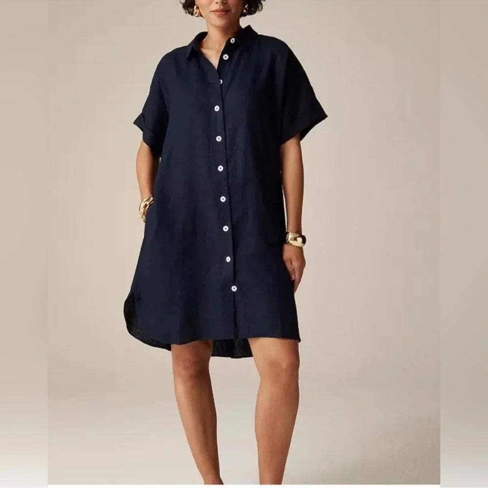 J Crew Capitaine Linen Shirt Dress Navy Lagenlook Minimalist Summer 2024 NWT-XS - Picture 1 of 12
